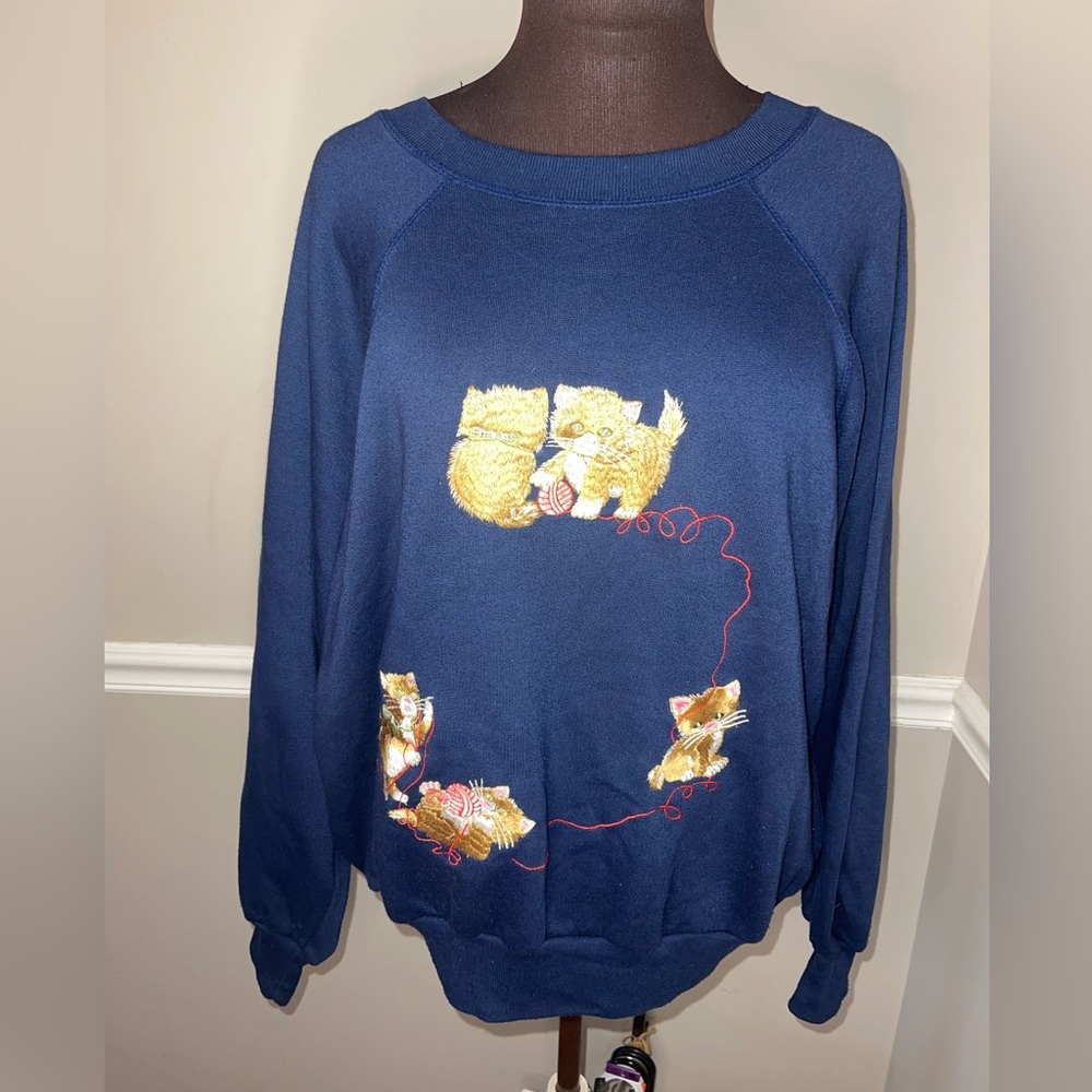 Cyn Les Shirlee Vintage Cat Sweatshirt Embroidered Size Large‎ 1970’s